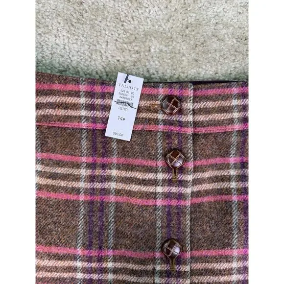 TALBOTS Skirt Size 14P Brown & Pink Striped Check Button Front $99 NWT C043 - Picture 2 of 9